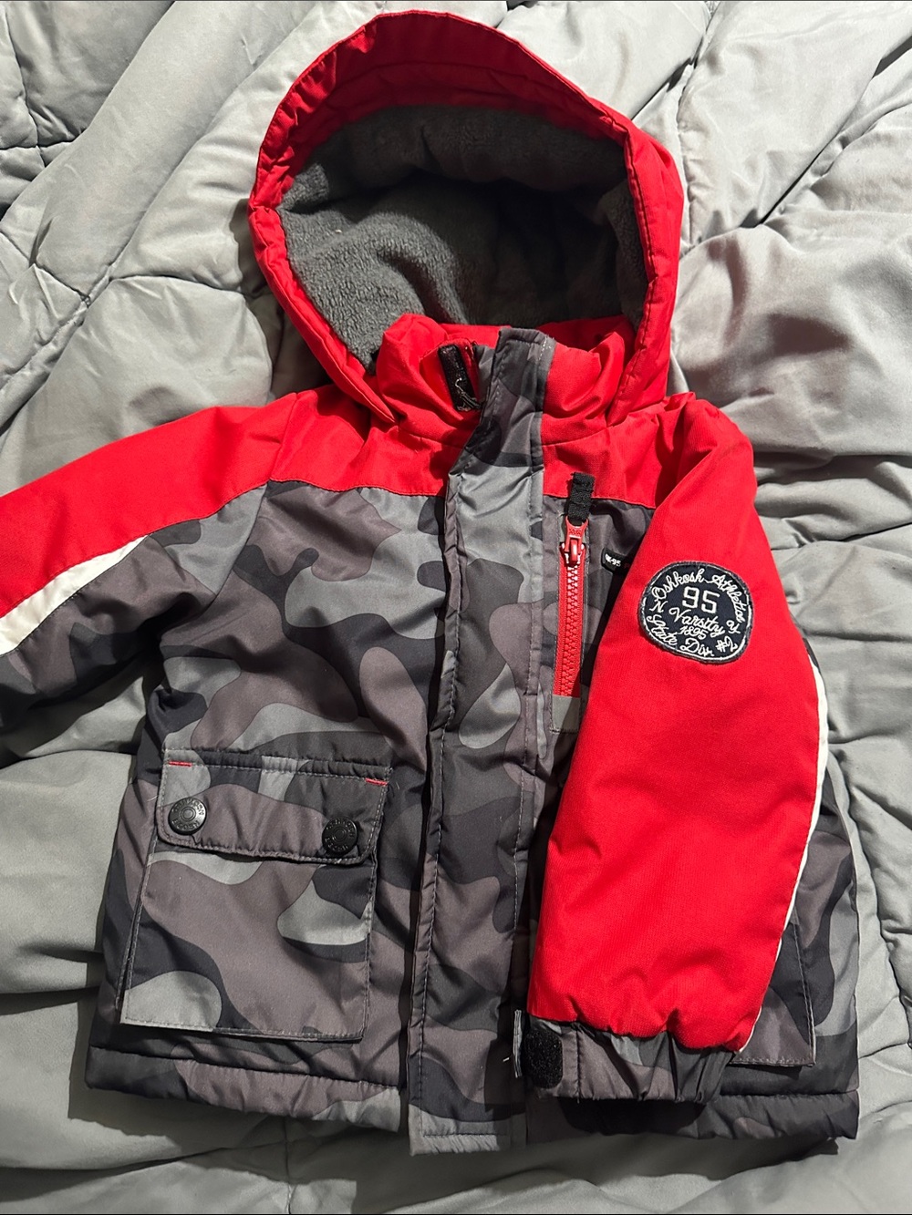 OshKosh B'gosh Red and Gray Camouflage Hooded Puffer Jacket